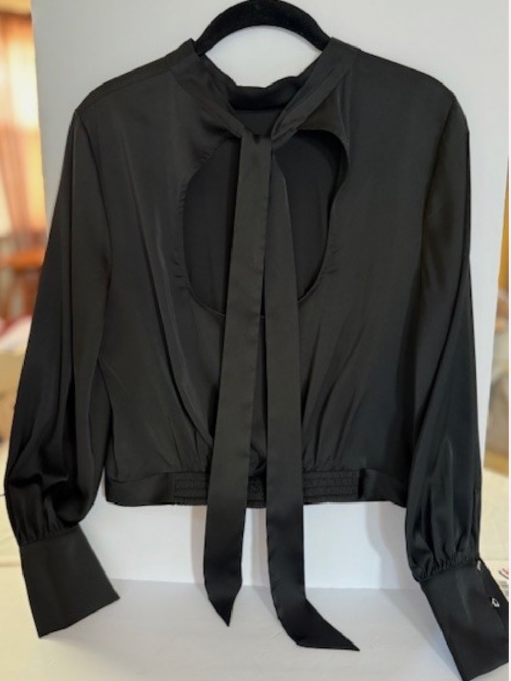 Express Black Tie-Neck Cutout Satin Blouse